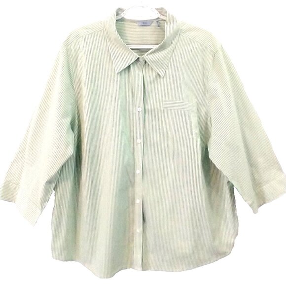 IZOD Women’s Blouse 3/4 Sleeve Button Up Green Mini Stripe Cotton Stretch - 2X - Picture 1 of 8